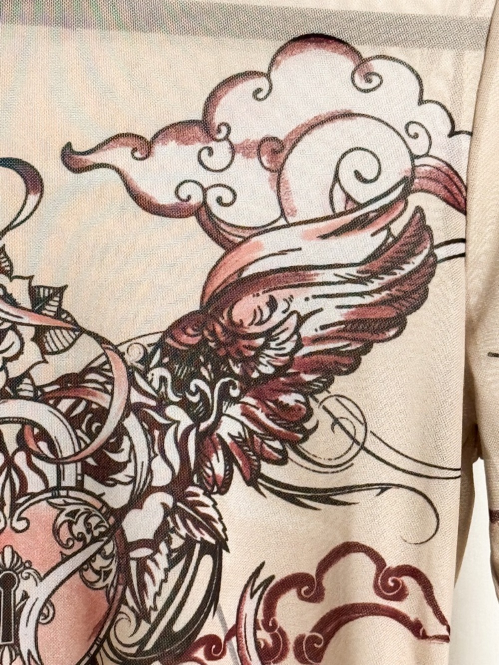 Wild Fable Mesh Long Sleeve Top XL Sheer Tattoo Print Cream - Picture 5 of 17